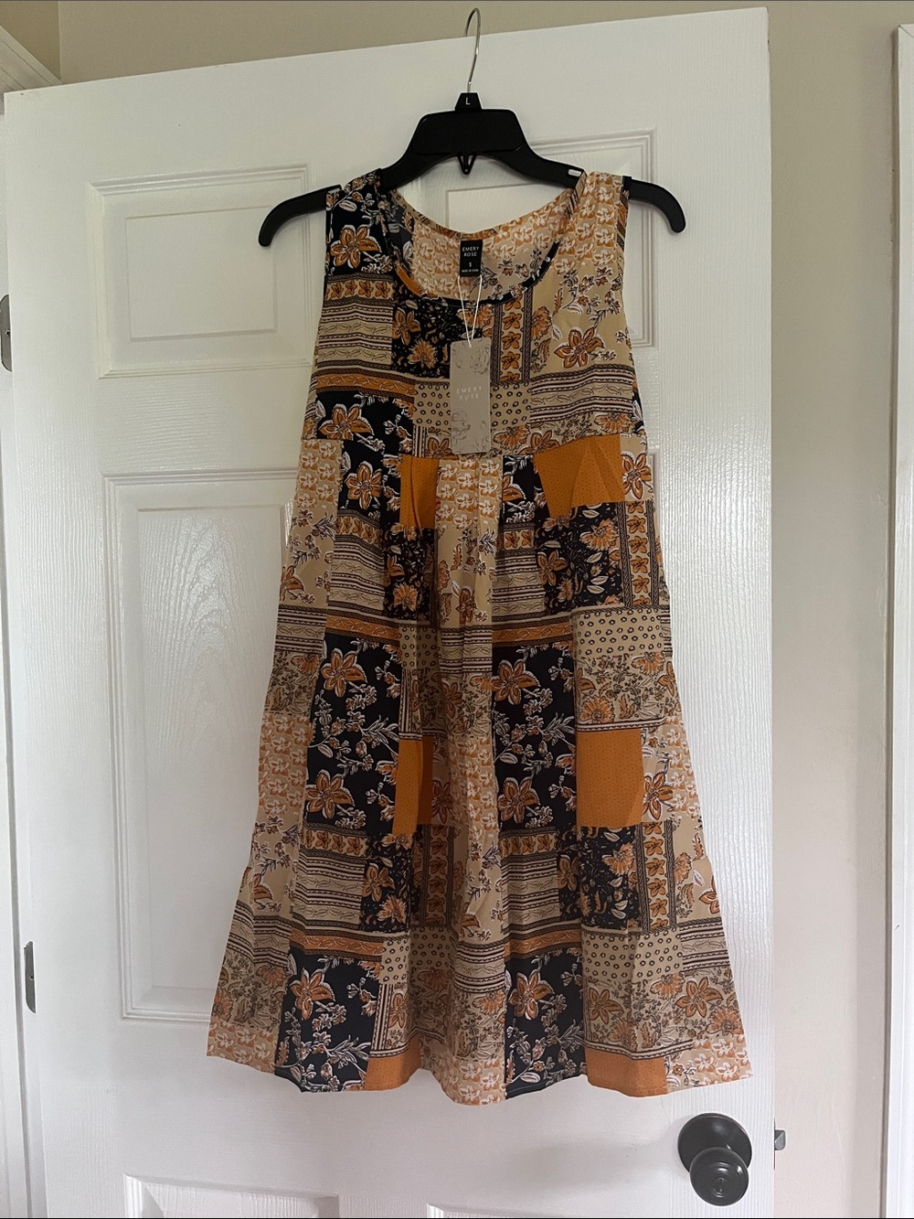 Sleeveless Patchwork Midi Dress in Mustard and navy.